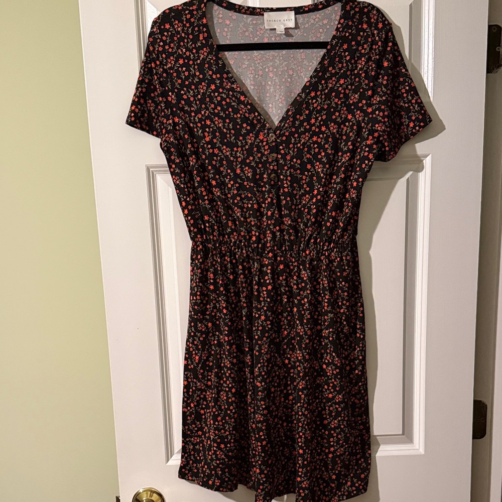 French Grey Black and Red Floral Mini Dress